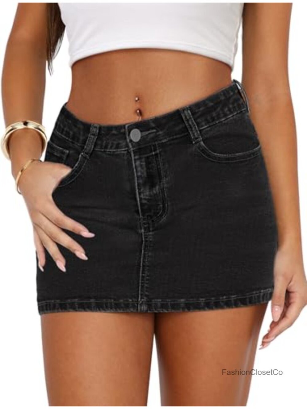 Women's Denim Mini Skirt Stretch Jean Low Waist Zip Fly with Pockets